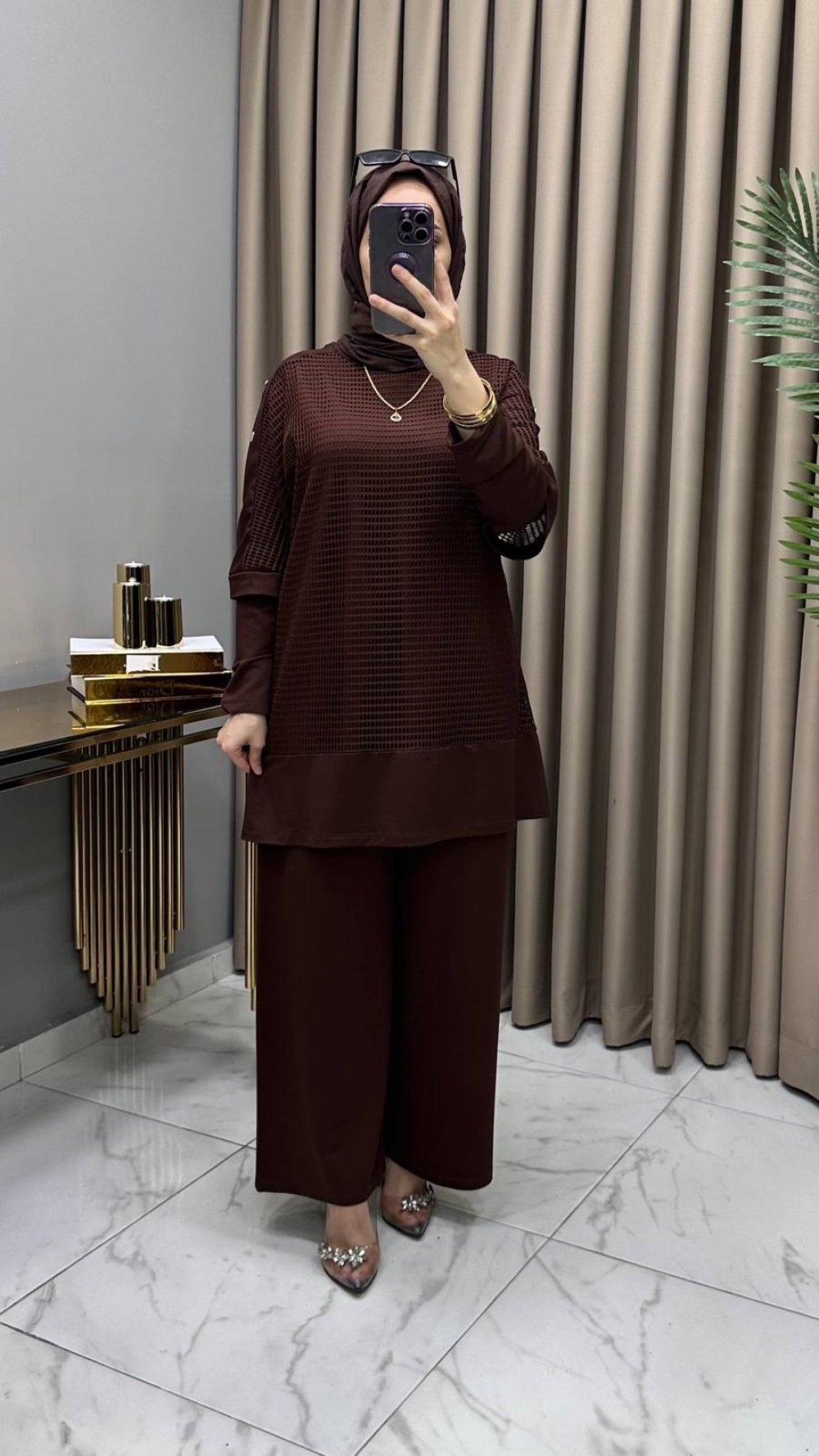 Ayben Fileli Üçlü Takım — Kahverengi